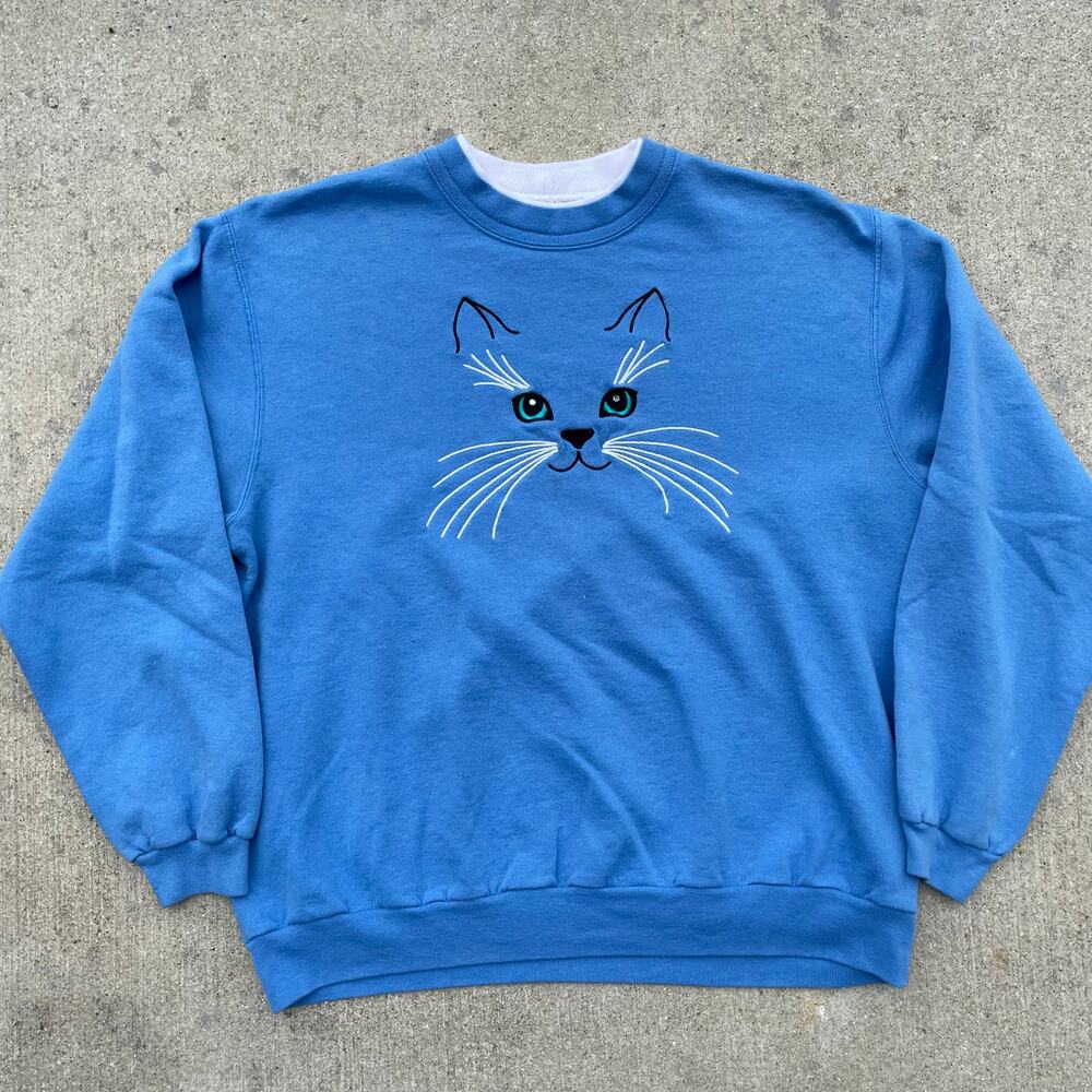 Vintage Day Breeze Cat Sweatshirt Blue Graphic Crewneck 21.5x24